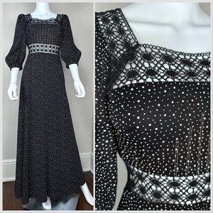Vintage 1970s Black and White Polka Dot Maxi Dress, Puszta XXS, Lace Cut Outs